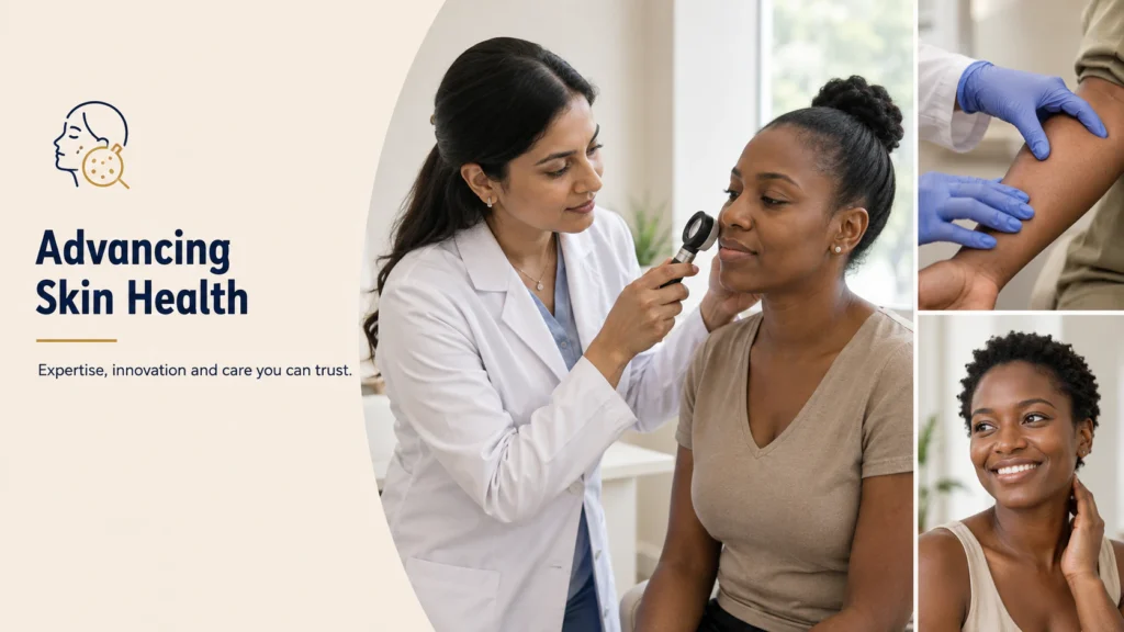 A dermatologist at M.P. Shah Hospital examining a patient’s skin with a dermatoscope