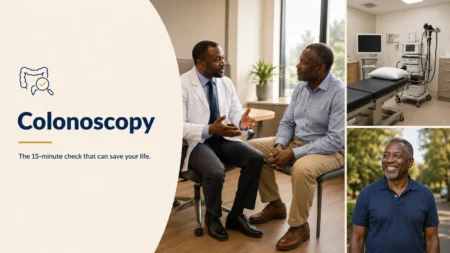 A gastroenterologist at M.P. Shah Hospital discussing colonoscopy screening with a patient