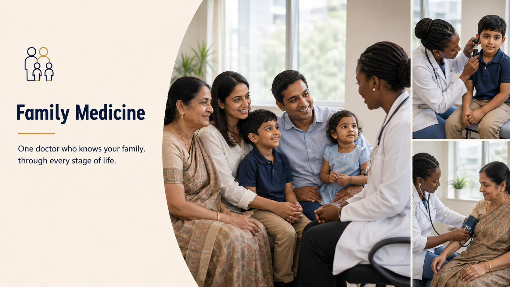 A family doctor at M.P. Shah Hospital with a multi-generational family during a consultation
