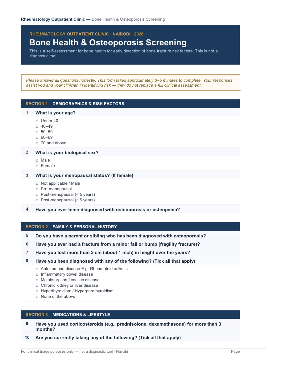 Cover page of the Bone & Joint Screening Questionnaires