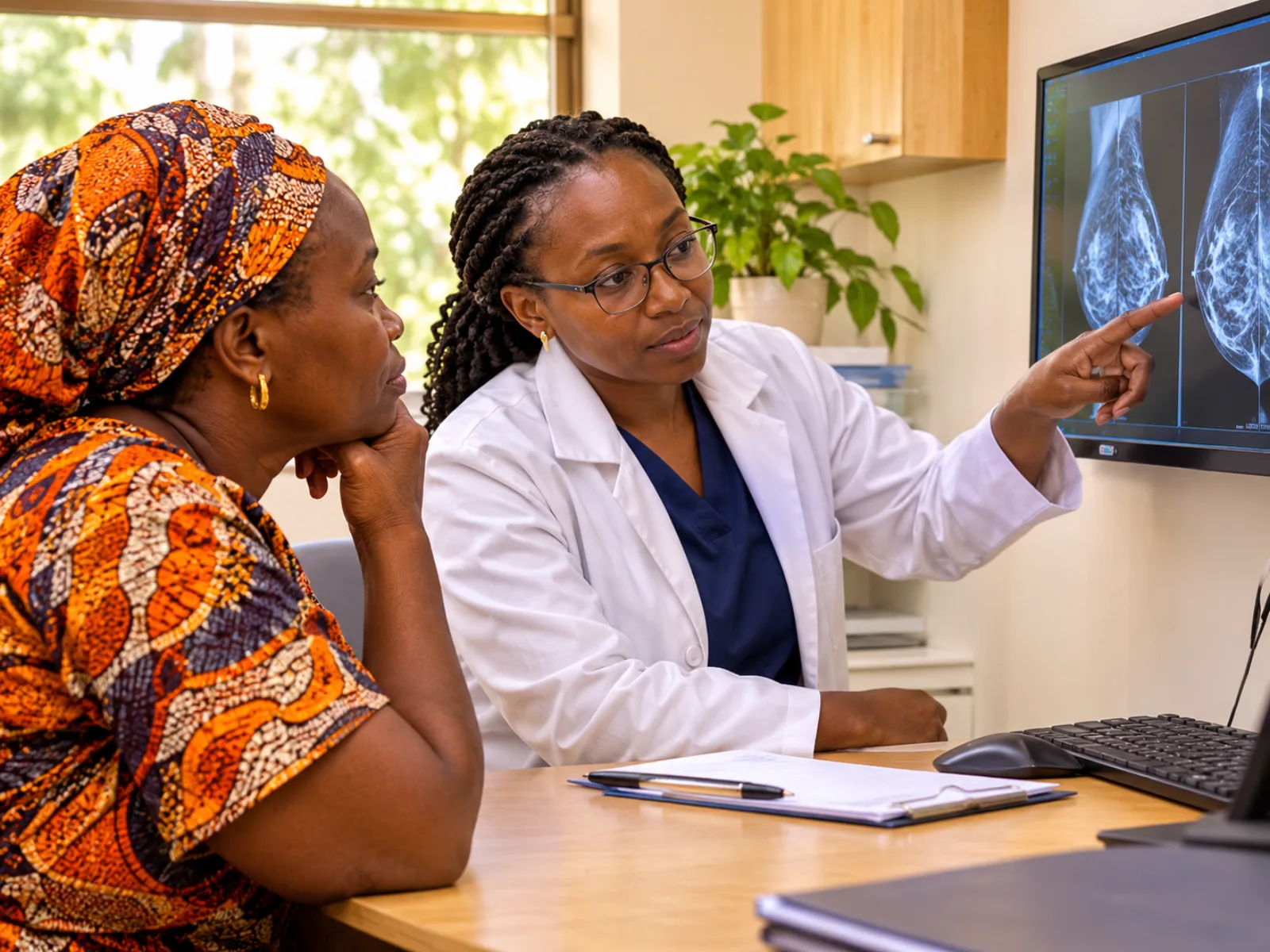 An oncologist reviewing breast imaging with a patient during a follow-up consultation.