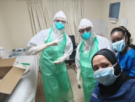 M.P. Shah Hospital staff in full personal protective equipment during an infection prevention safety drill