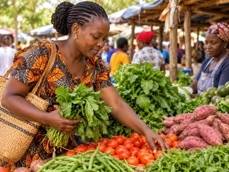 Fresh vegetables at a local market, including sukuma wiki and sweet potatoes.